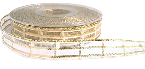 R7071 15mm Cream-Metallic Gold Sheer Check Ribbon by Berisfords