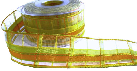 R7081 25mm Yellow-Green-Marigold-Silk Banded-Sheer Check Ribbon.