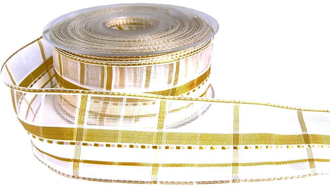 R7082 40mm Old Gold-Cream-White Sheer Check Ribbon,Banded Silk Stripes