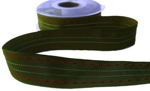 R7106 25mm Green-Red Gimp Stitch-Silver Stripe Ribbon by Berisfords