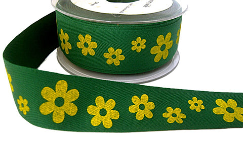 R7208 30mm Green-Yellow Daisy Printed Cotton Ribbon Tape, Berisfords