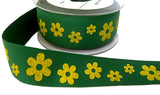 R7208C 30mm Green-Yellow Daisy Printed Cotton Ribbon Tape, Berisfords