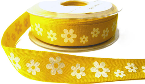 R7212 20mm Yellow-White Daisy Printed Cotton Ribbon Tape, Berisfords