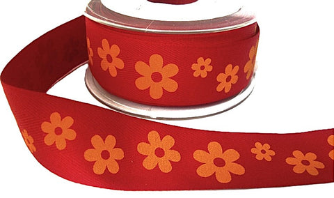 R7214 30mm Red-Orange Daisy Printed Cotton Ribbon Tape, Berisfords