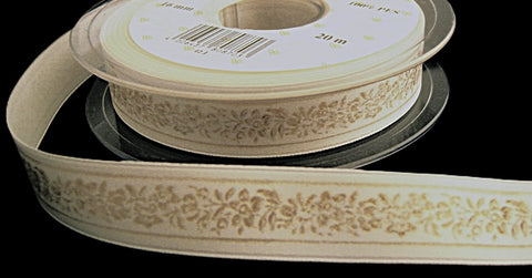 R7293 17mm Ivory Satin-Straw Gold Flower Printed Ribbon by Berisfords