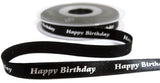 R7304 11mm Black Satin Ribbon-Metallic Silver Happy Birthday Print