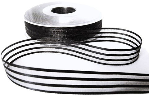 R7455 15mm Charcoal Black Satin and Sheer Striped Ribbon by Berisfords