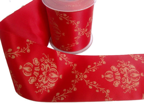 R7703 100mm Red-Gold Printed Satin Ribbon by Berisfords