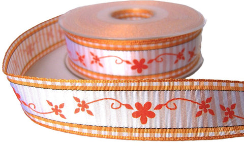 R7879 25mm Orange and White Flowery and Gingham Ribbon