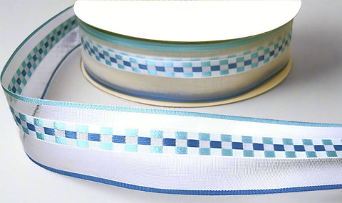 R7917 32mm Natural-Blue-Turquoise Sheer-Silk Woven Ribbon, Berisfords