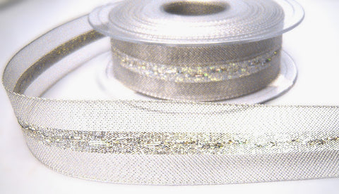 R8118 25mm Silver Mesh Ribbon, Solid Centre with an Iridescent Weave