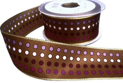 R8221 40mm Brown-Spot Printed Metallic Edge Taffeta Ribbon, Berisfords