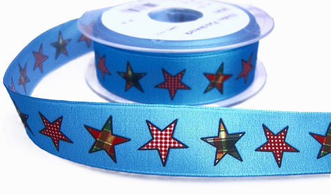 R8234 25mm Blue Taffeta Ribbon with a Gingham Star Print