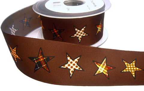 R8246 40mm Brown-Gingham Star Print Taffeta Ribbon by Berisfords