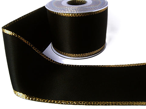 R8408 73mm Black Double Face Metallic Edge Satin Ribbon by Berisfords