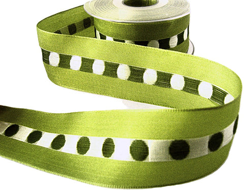 R8412 40mm Green Polyester Ribbon with a Woven Satin Spot Centre Stripe