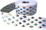 R8483 40mm White-Metallic Gold-Turquoise Woven Ribbon by Berisfords