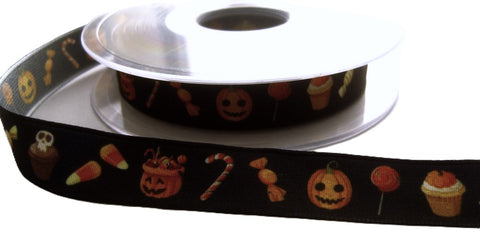 R8663 16mm Black Taffeta Ribbon with a Halloween Design by Berisfords