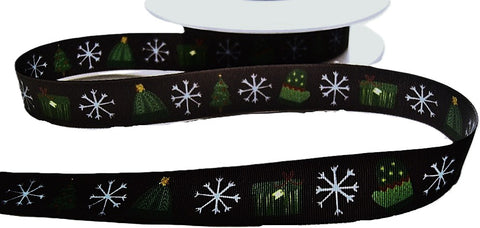 R8673 15mm  Charcoal-Mixed Christmas Print Taffeta Ribbon, Berisfords