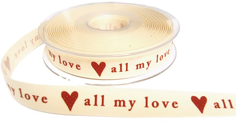 R8692 16mm Cream-Red Grosgrain Ribbon-all my love- Print by Berisfords