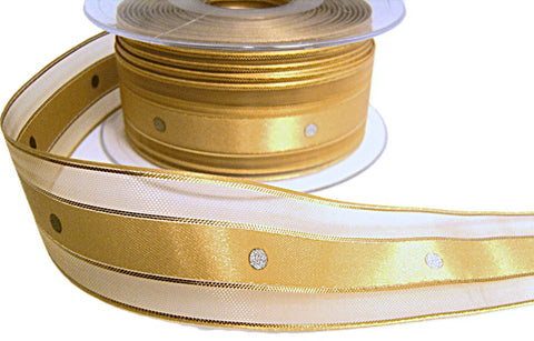 R8699 31mm Honey Gold Sheer-Satin Ribbon-Metallic Stripes-Spots