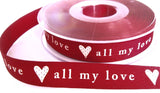 R8708 16mm Red-White Grosgrain Ribbon-all my love- Print by Berisfords