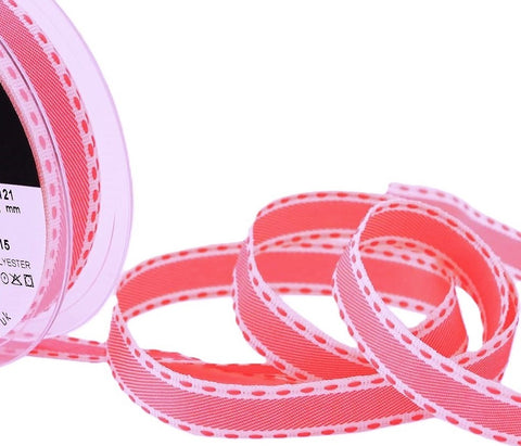 R9243 15mm Neon Pink-Natural Cream Groisgrain Stitch Ribbon, Berisfords