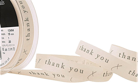 R9286 15mm Cream-Grey thank you Printed Grosgrain Ribbon, Berisfords