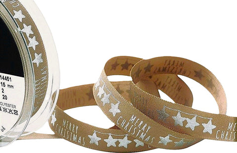 R9289 15mm Oatmeal-Metallic Silver Rustic Christmas Ribbon, Berisfords