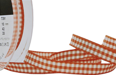 R9332 10mm Orange Delight-White Polyester Gingham Ribbon by Berisfords