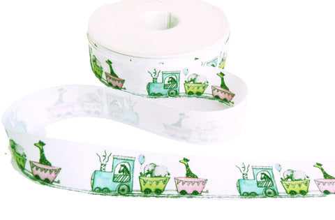 R9711 25mm White Rustic Taffeta Ribbon-Animals-Train Ribbon,Berisfords