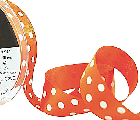 R9893 25mm Orange-White Satin-Polka Dot Spot Print Ribbon by Berisfords