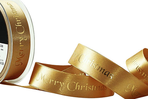 R9913 25mm Honey Satin-Gold Merry Christmas Print Ribbon, Berisfords 