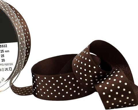 R9920 25mm Brown-White Micro Polka Dot Spotty Satin Ribbon, Berisfords