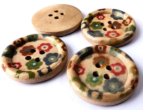 B10414 25mm Pine-Mixed Pastels Flower Design 4 Hole Wooden Button