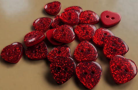 B11705 9mm Red Glittery Love Heart Shape 2 Hole Button