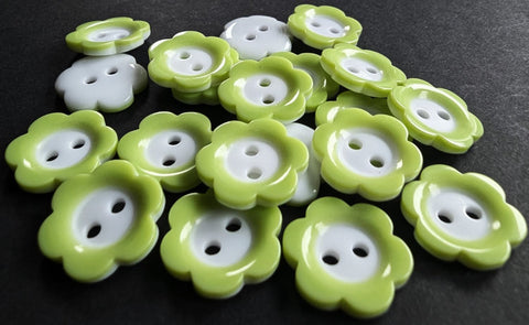 B18328 11mm Pale Green-White Flower Shape Gloss 2 Hole Button