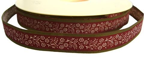 R2562 15mm Burgundy and Olive Green 100% Cotton Flower Design Ribbon