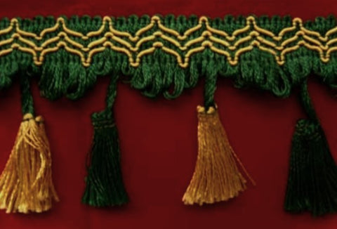 FT486 9cm Honey Gold-Forest Green Tassel Fringe on a Decorated Braid