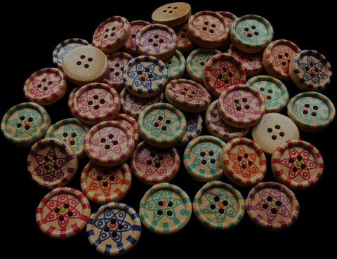 MIX10 Assorted Mix of 20mm Printed Wooden 4 Hole Buttons