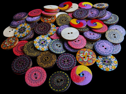 MIX11 Assorted Mix of 25mm Printed Wooden 2 Hole Buttons