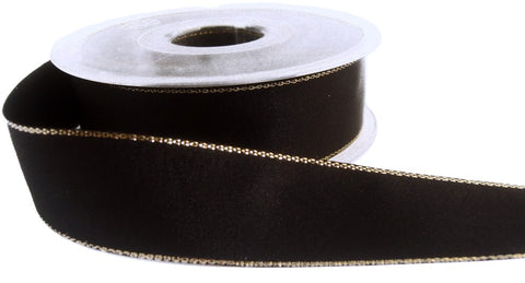 R0024 25mm Black Double Faced Satin Ribbon with Metallic Gold Borders