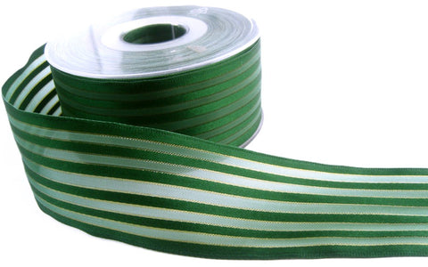 R0032 40mm Green Satin, Sheer and Thin Bronze Lurex Striped Ribbon,Wired