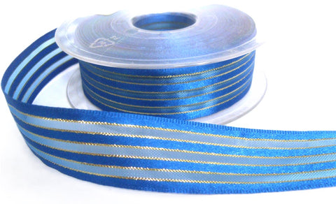 R0035 25mm Royal Blue Satin, Sheer and Gold Lurex Striped Ribbon