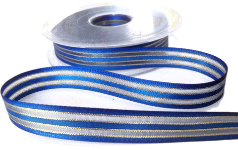 R0040 15mm Royal Blue Satin, Sheer and Gold Metallic Striped Ribbon