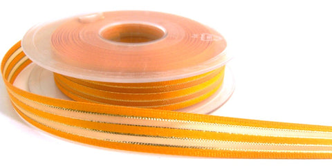 R0049 15mm Marigold Satin, Sheer and Gold Metallic Striped Ribbon