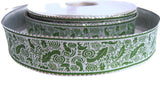 R0061 25mm Metallic Silver Lurex Ribbon-Green Printed Design, Berisfords