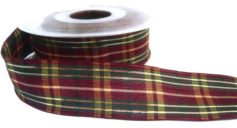 R0064 25mm Burgundy-Green-Yellow Tartan Ribbon-Thin Metallic Stripes