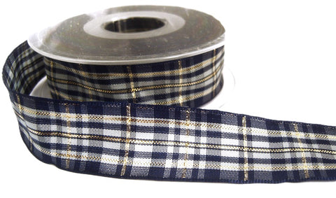 R0065 25mm Blues-Grey Tartan Ribbon-Metallic Gold Stripes,Berisfords