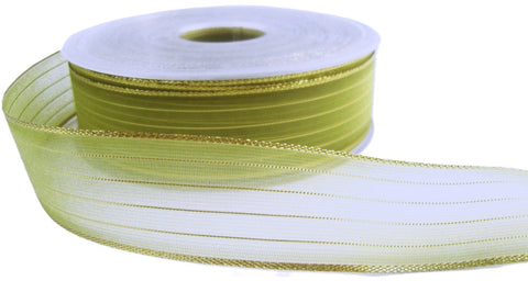 R0072 25mm Pistachio Green Sheer Ribbon-Metallic Gold Stripes,Berisfords